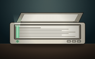A flatbed scanner with its lid open and a green lamp sweeping across a page